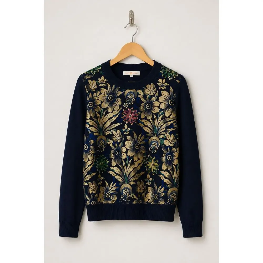 Tory Burch Hollis Metallic Floral Velvet Panel Sweater – Size Small